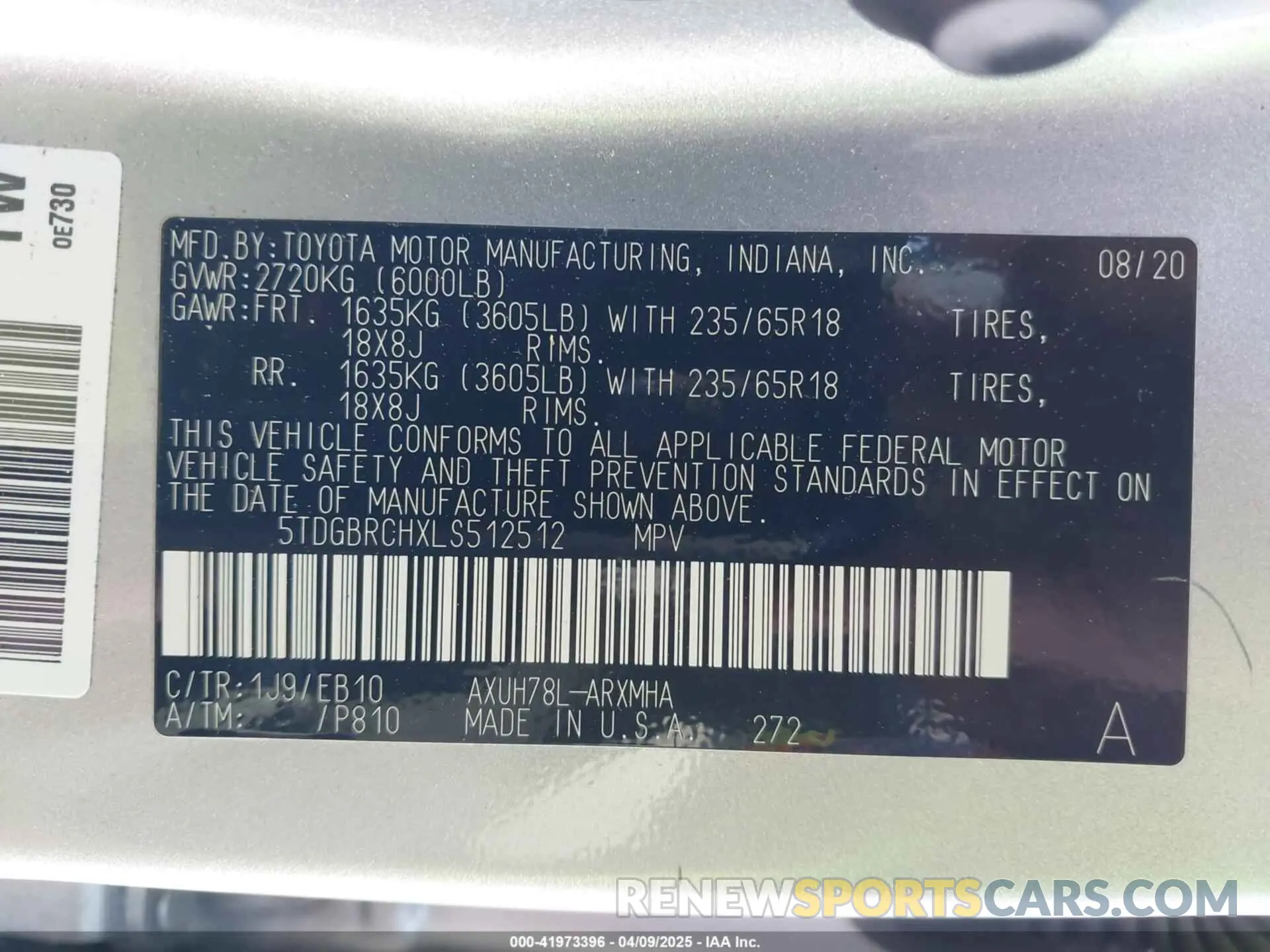 9 Фотография поврежденного автомобиля 5TDGBRCHXLS512512 TOYOTA HIGHLANDER 2020
