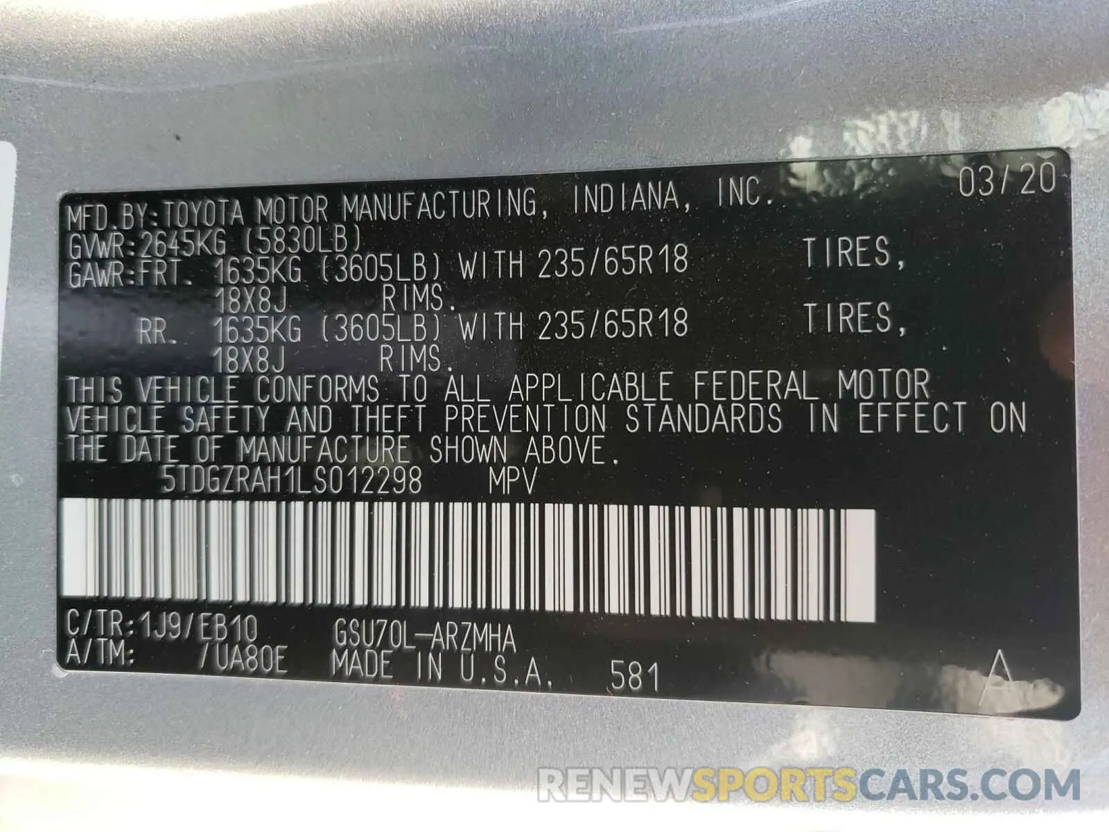 10 Photograph of a damaged car 5TDGZRAH1LS012298 TOYOTA HIGHLANDER 2020