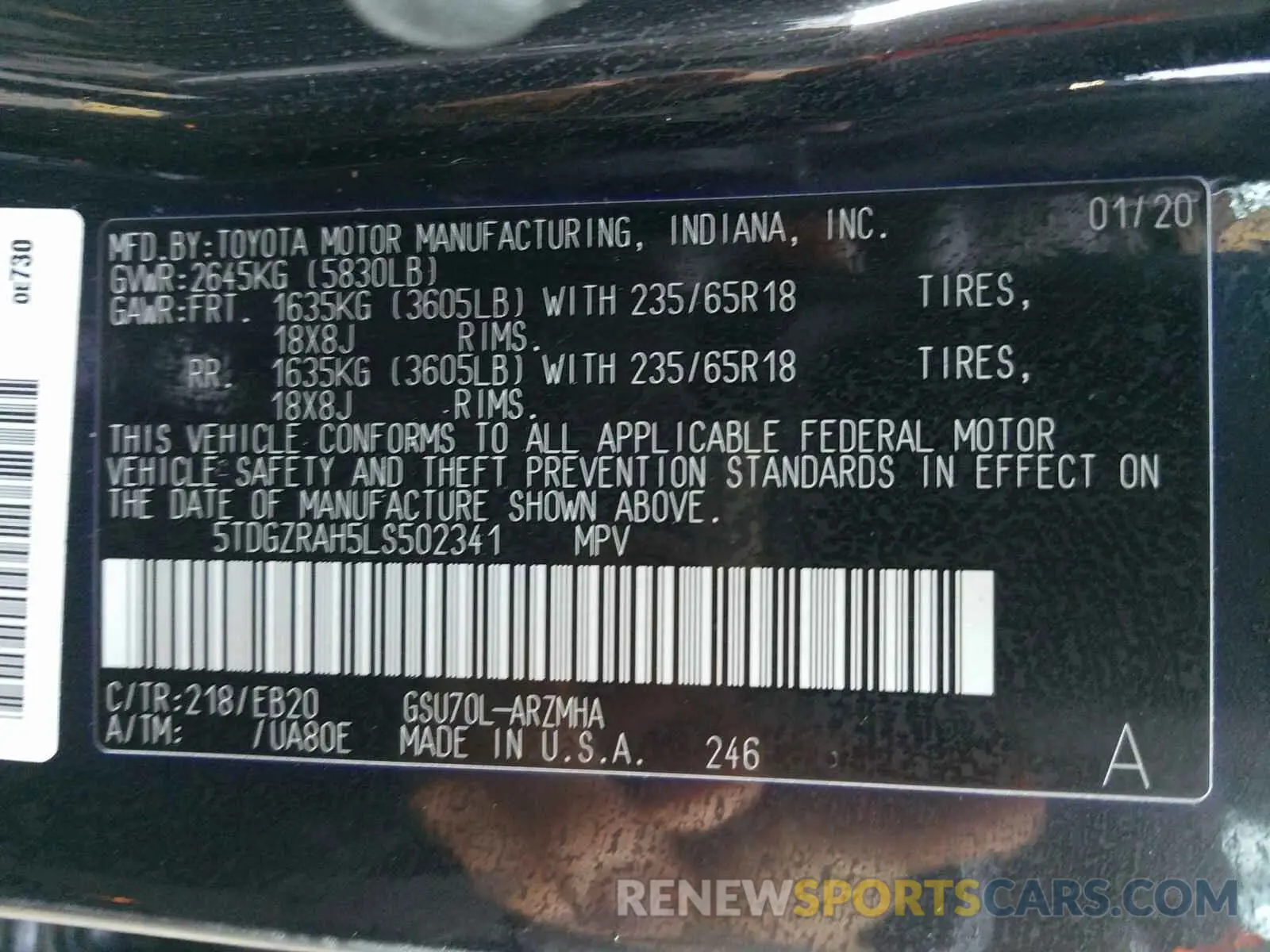 10 Photograph of a damaged car 5TDGZRAH5LS502341 TOYOTA HIGHLANDER 2020