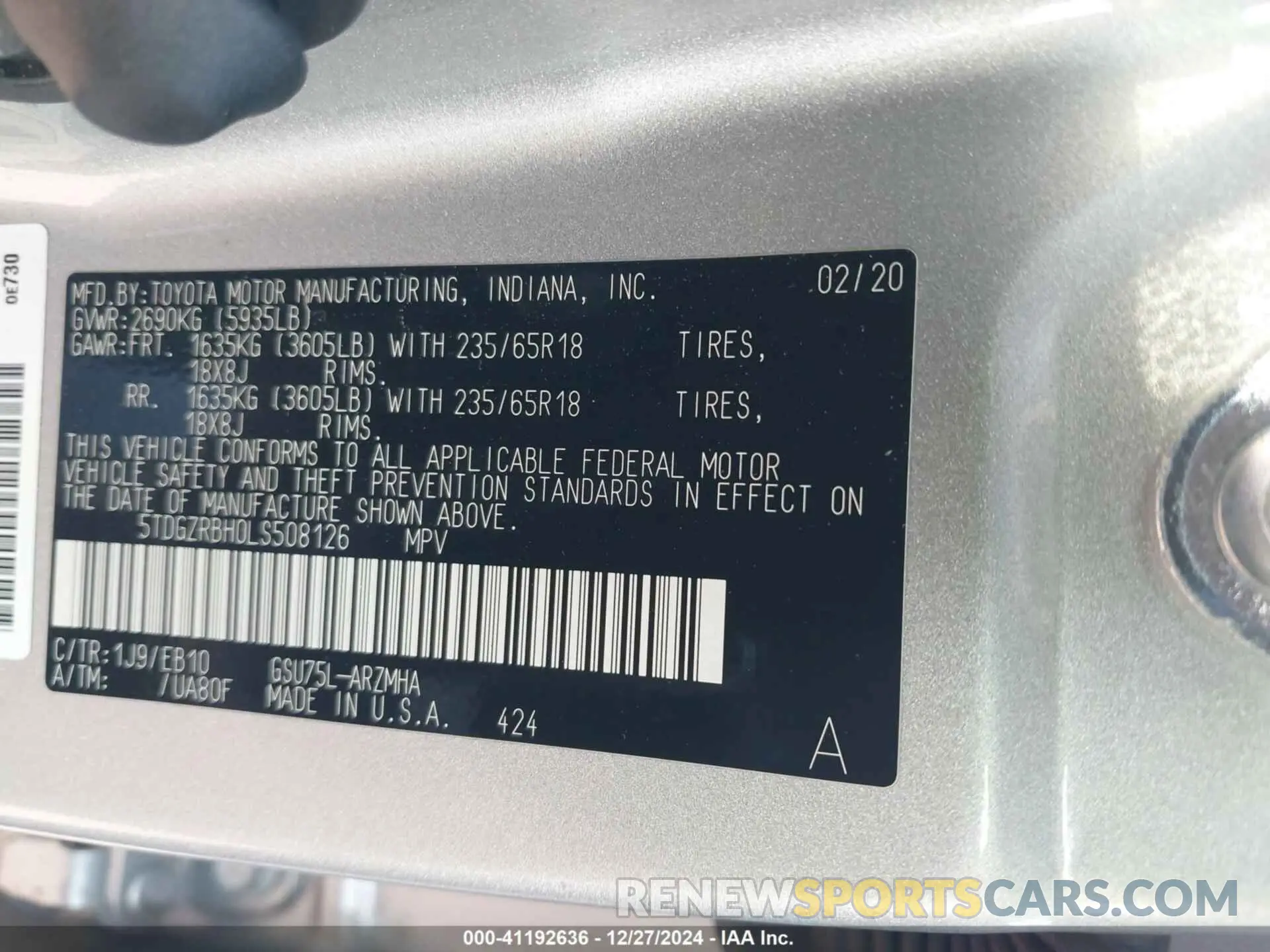 9 Фотография поврежденного автомобиля 5TDGZRBH0LS508126 TOYOTA HIGHLANDER 2020
