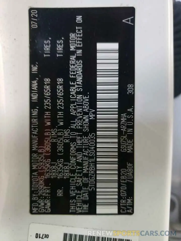 10 Фотография поврежденного автомобиля 5TDGZRBH1LS040035 TOYOTA HIGHLANDER 2020