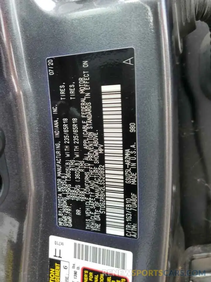 12 Фотография поврежденного автомобиля 5TDGZRBH2LS520892 TOYOTA HIGHLANDER 2020