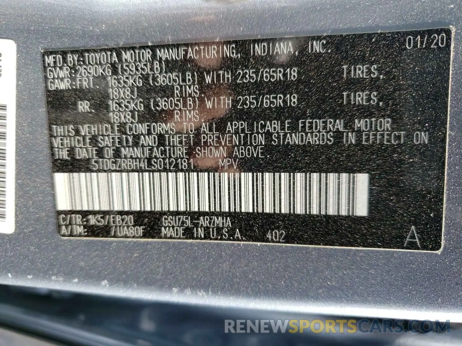 10 Photograph of a damaged car 5TDGZRBH4LS012181 TOYOTA HIGHLANDER 2020