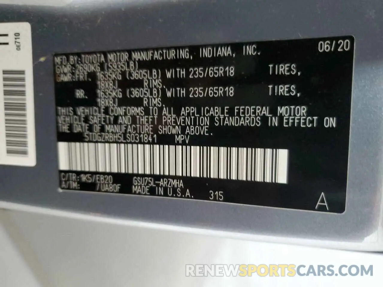 13 Photograph of a damaged car 5TDGZRBH5LS031841 TOYOTA HIGHLANDER 2020