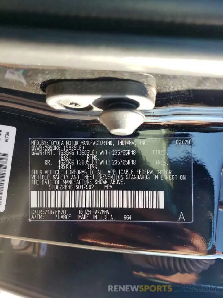 10 Photograph of a damaged car 5TDGZRBH6LS017902 TOYOTA HIGHLANDER 2020