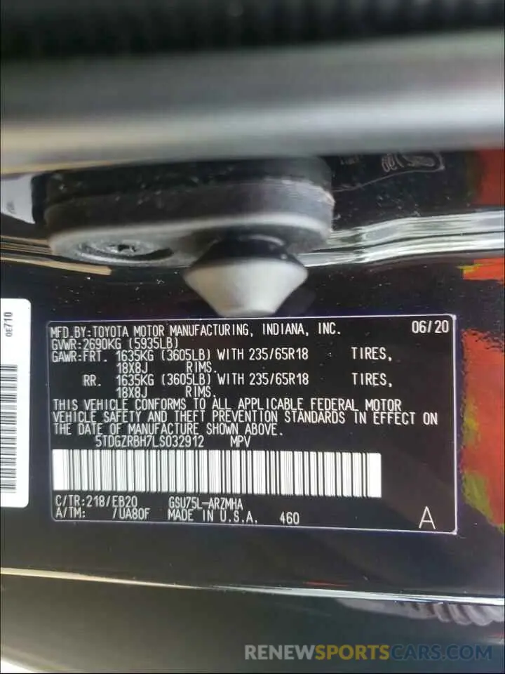 10 Фотография поврежденного автомобиля 5TDGZRBH7LS032912 TOYOTA HIGHLANDER 2020