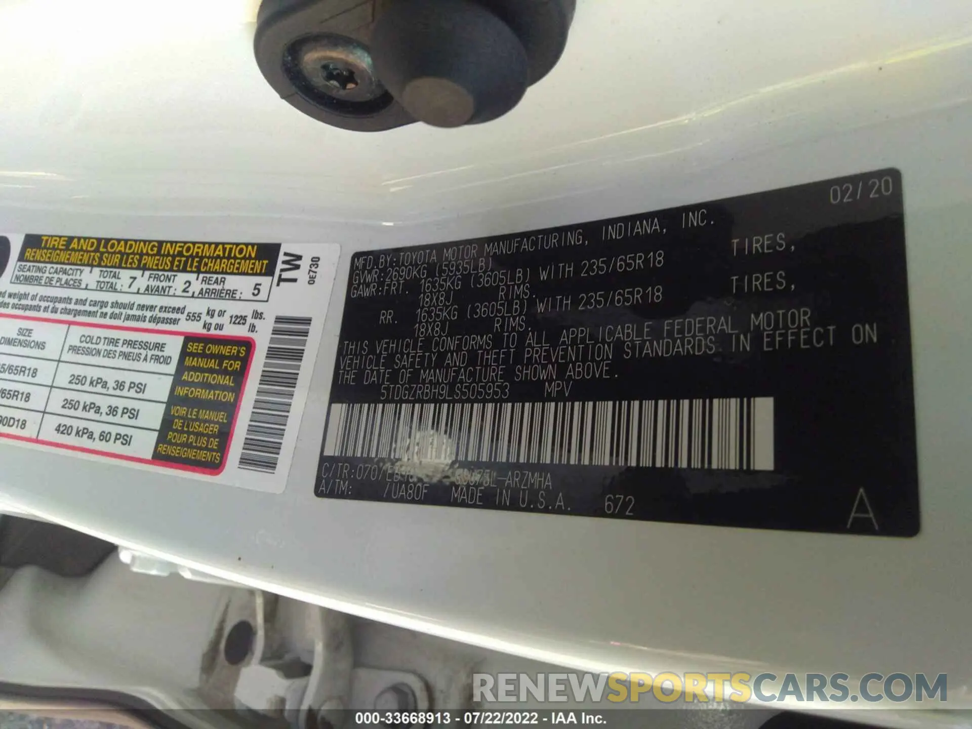9 Photograph of a damaged car 5TDGZRBH9LS505953 TOYOTA HIGHLANDER 2020
