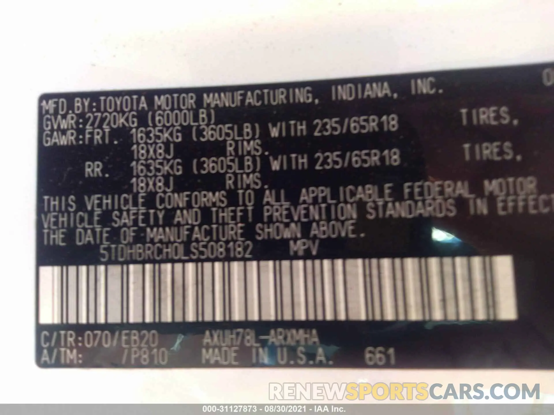9 Photograph of a damaged car 5TDHBRCH0LS508182 TOYOTA HIGHLANDER 2020