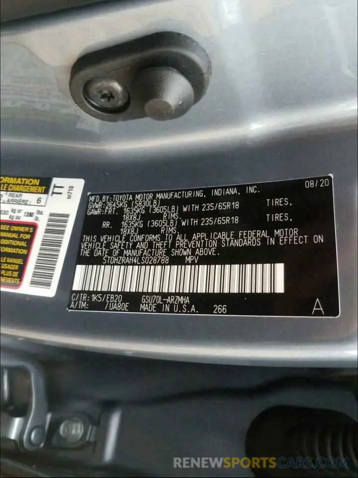 10 Photograph of a damaged car 5TDHZRAH4LS028788 TOYOTA HIGHLANDER 2020