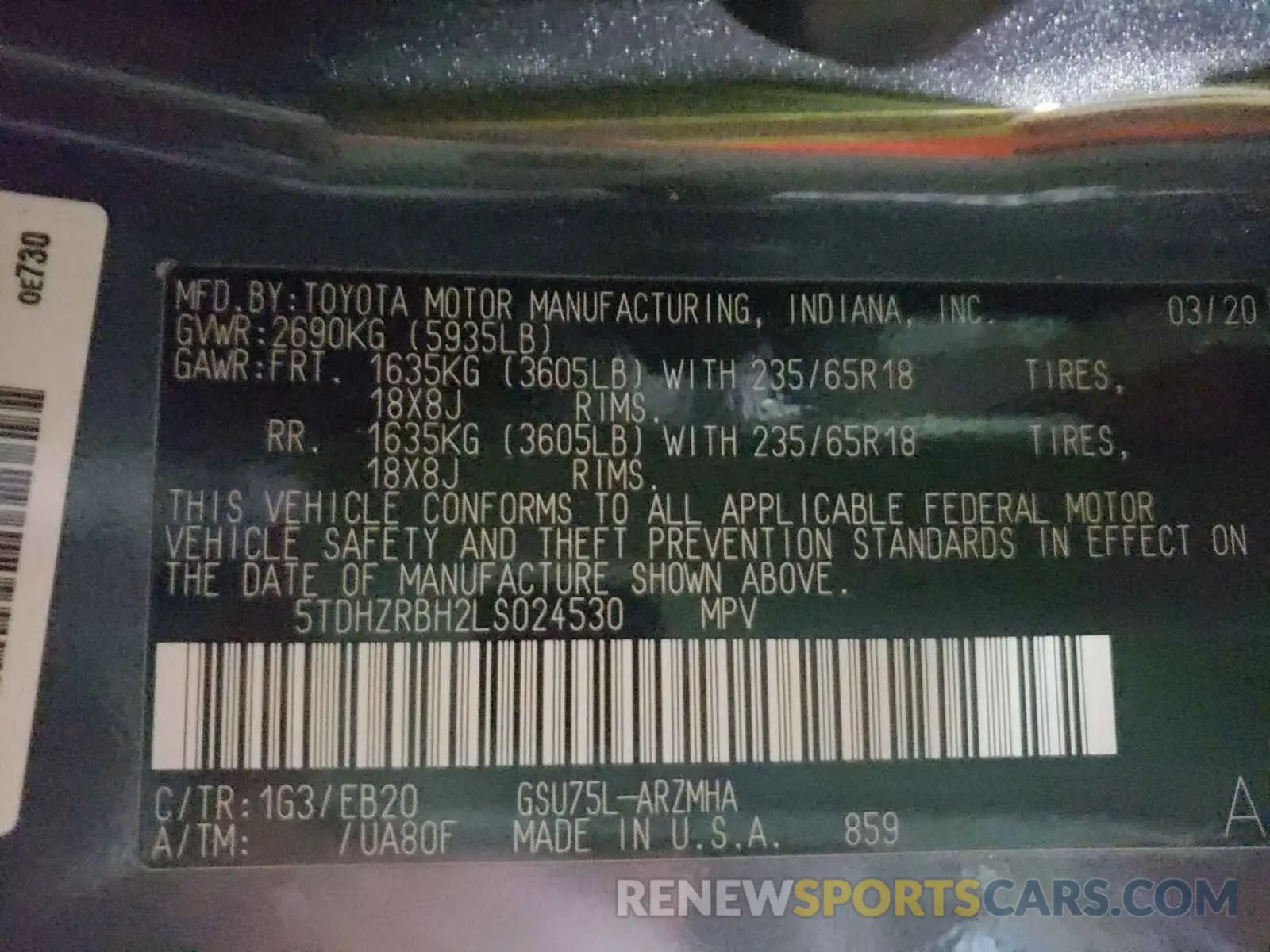 10 Photograph of a damaged car 5TDHZRBH2LS024530 TOYOTA HIGHLANDER 2020
