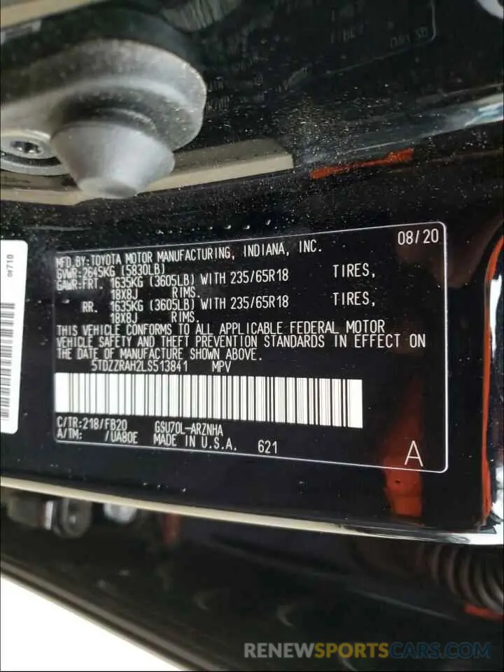 10 Photograph of a damaged car 5TDZZRAH2LS513841 TOYOTA HIGHLANDER 2020