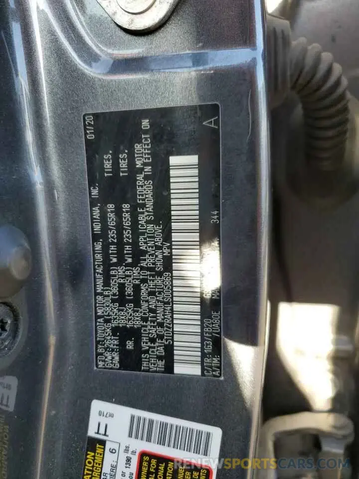 13 Фотография поврежденного автомобиля 5TDZZRAH4LS005869 TOYOTA HIGHLANDER 2020