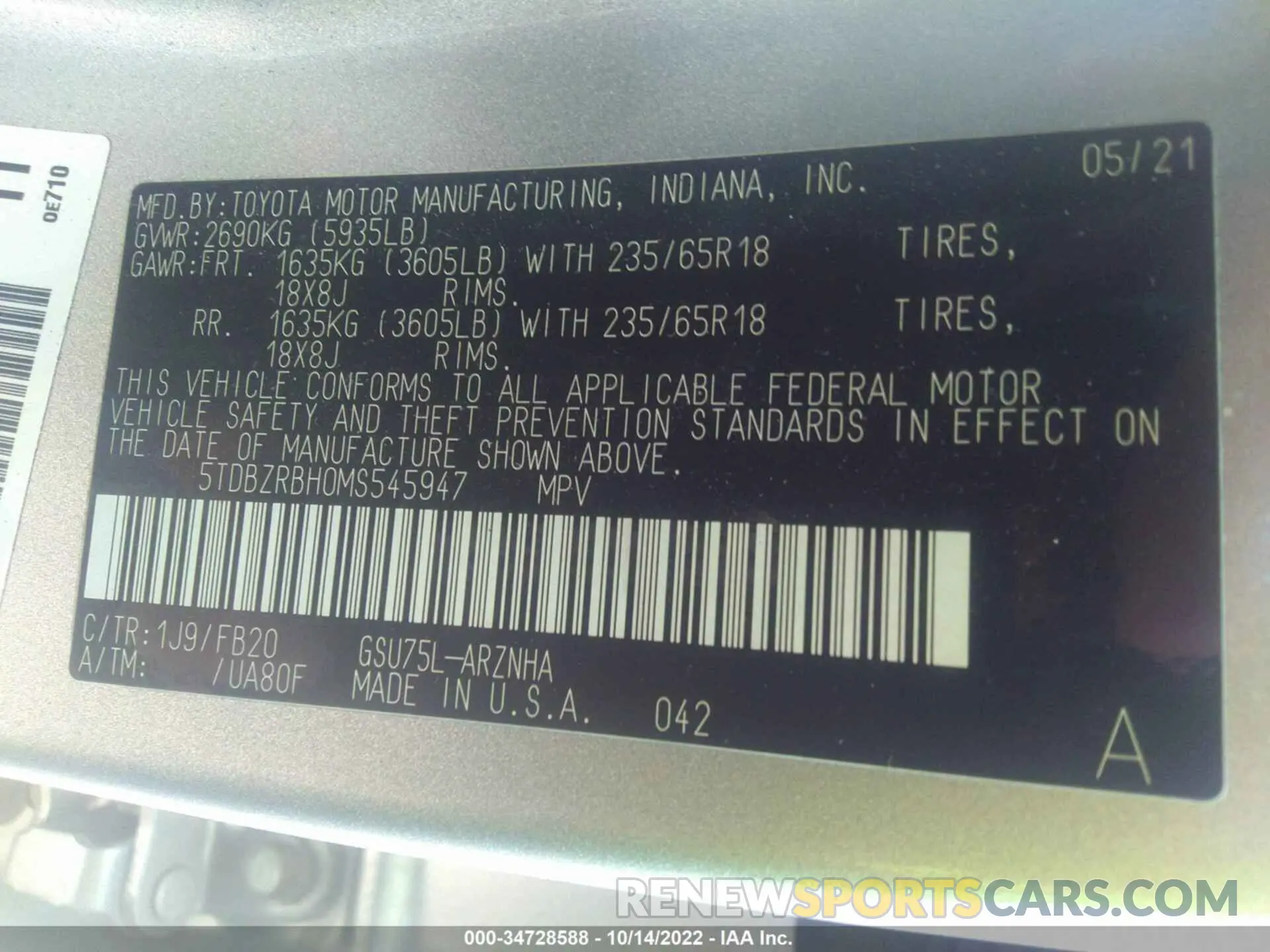 9 Photograph of a damaged car 5TDBZRBH0MS545947 TOYOTA HIGHLANDER 2021