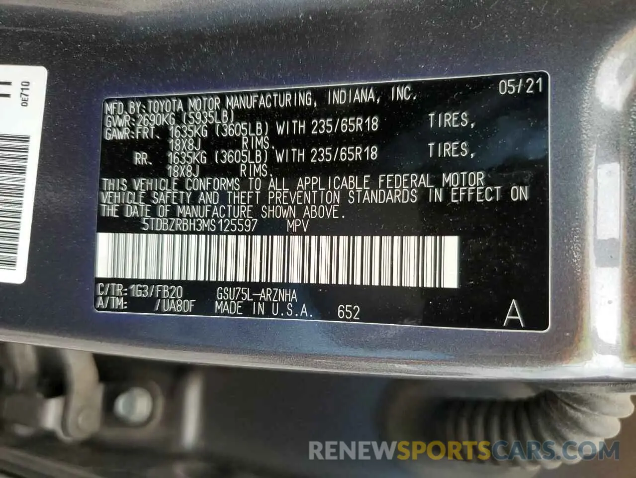 13 Фотография поврежденного автомобиля 5TDBZRBH3MS125597 TOYOTA HIGHLANDER 2021