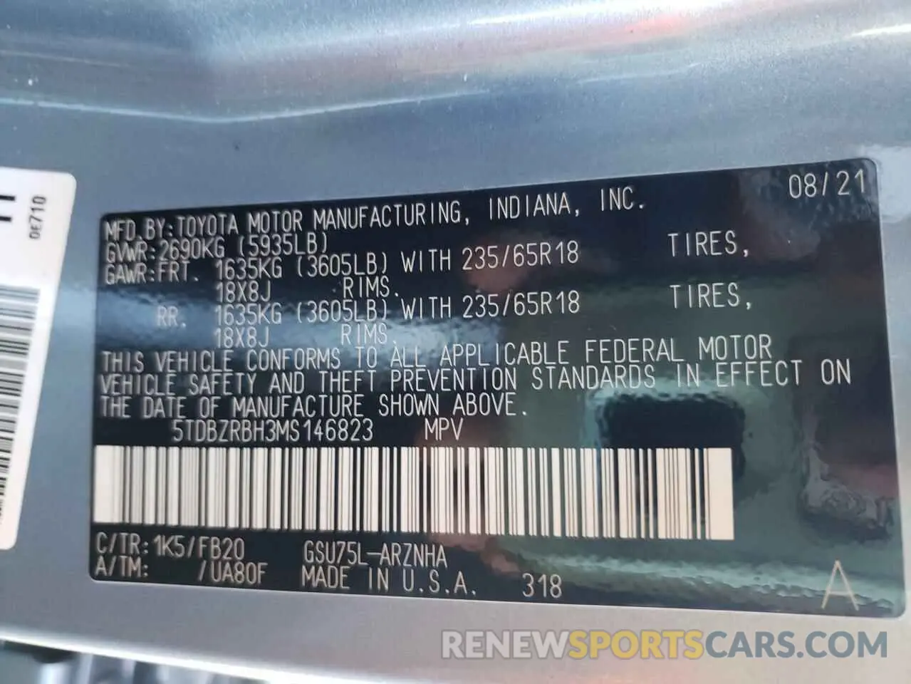 10 Фотография поврежденного автомобиля 5TDBZRBH3MS146823 TOYOTA HIGHLANDER 2021