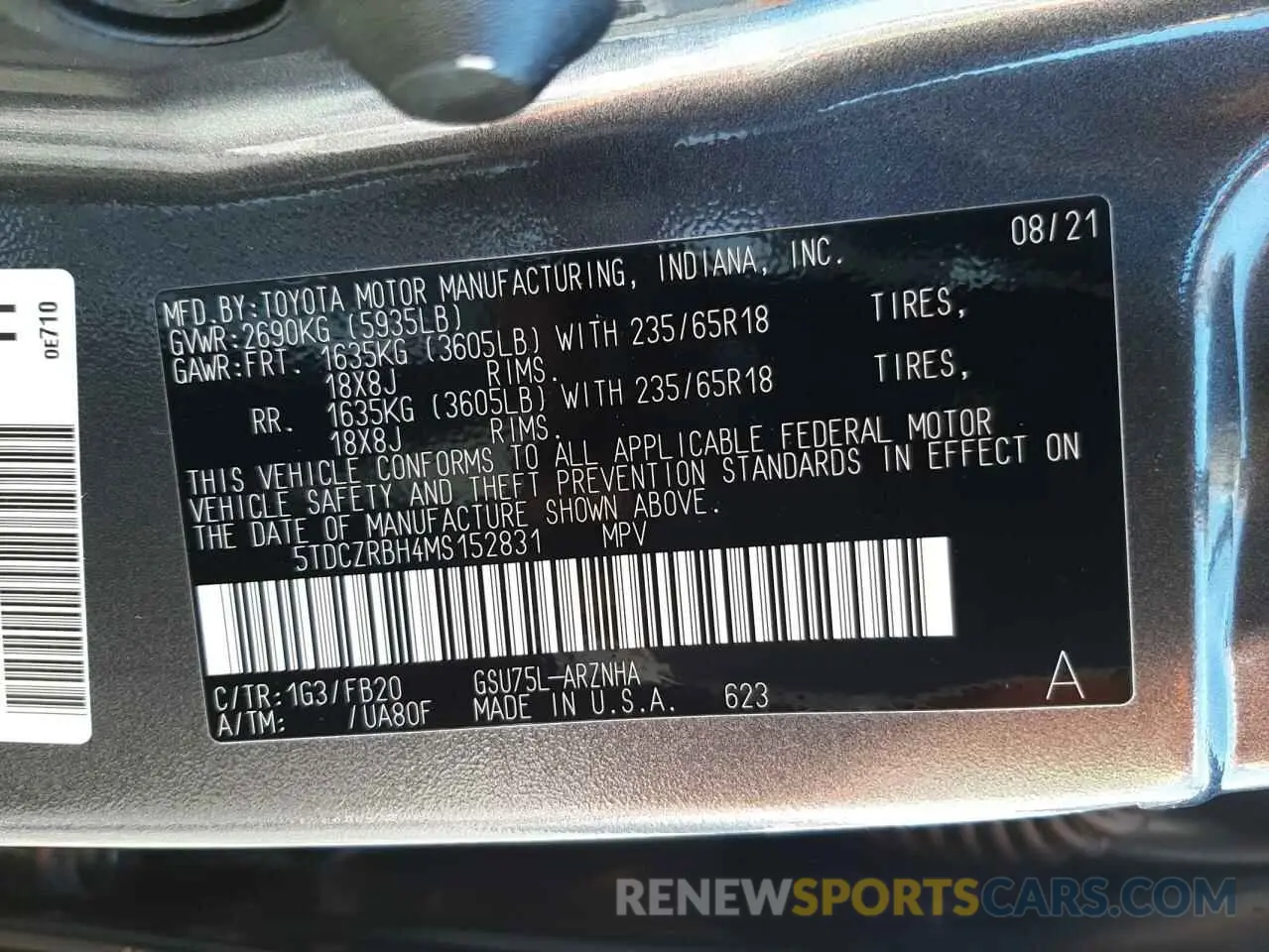 10 Photograph of a damaged car 5TDCZRBH4MS152831 TOYOTA HIGHLANDER 2021