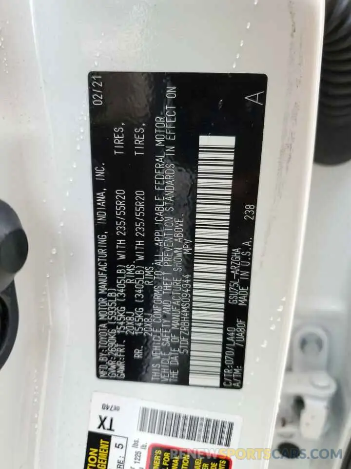 10 Фотография поврежденного автомобиля 5TDFZRBH4MS094944 TOYOTA HIGHLANDER 2021
