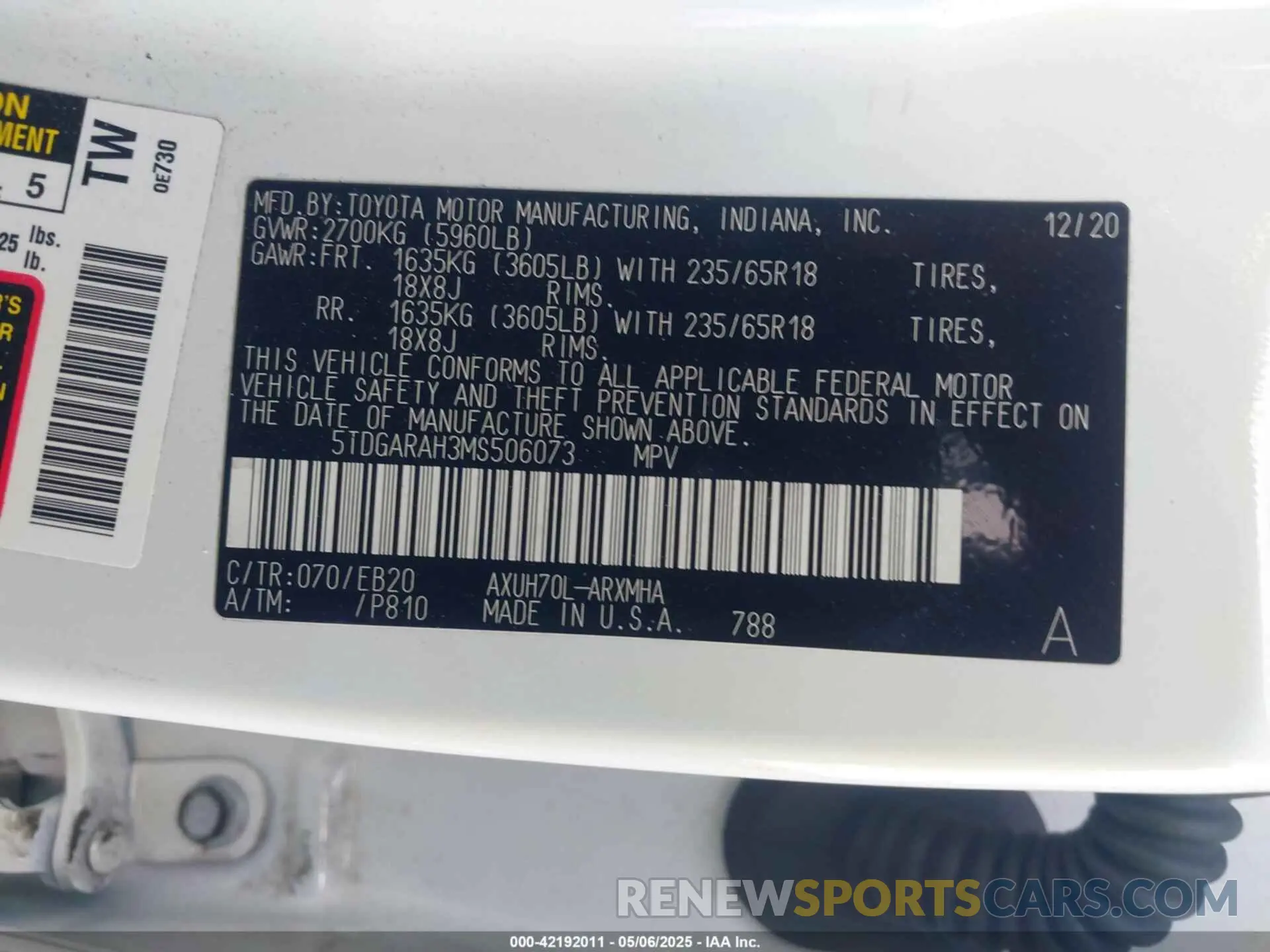 9 Фотография поврежденного автомобиля 5TDGARAH3MS506073 TOYOTA HIGHLANDER 2021