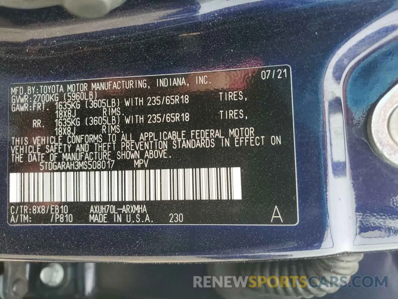 14 Фотография поврежденного автомобиля 5TDGARAH3MS508017 TOYOTA HIGHLANDER 2021