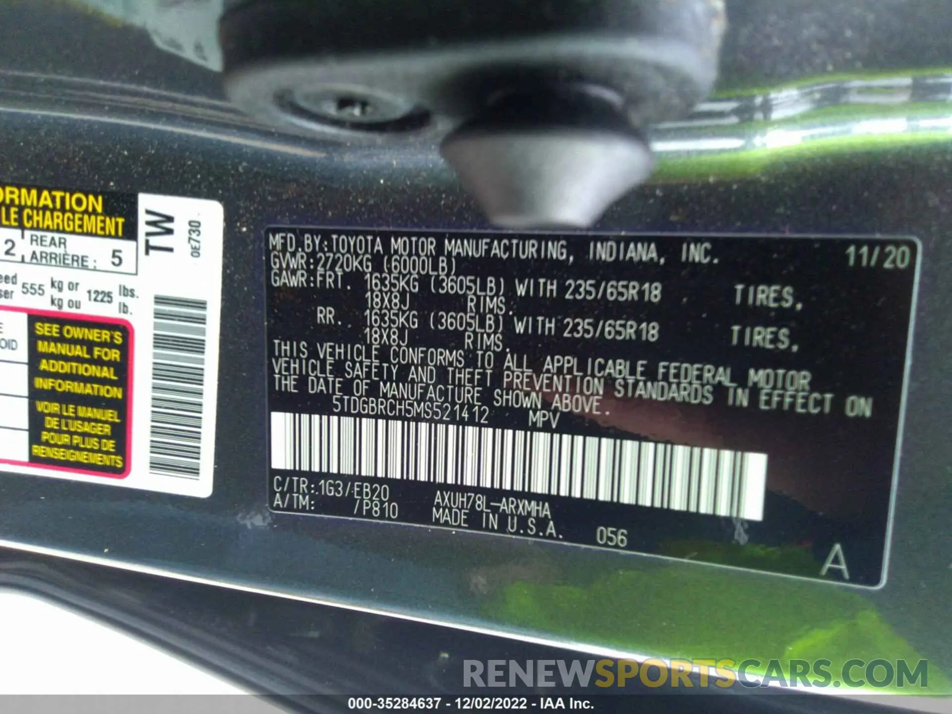 8 Photograph of a damaged car 5TDGBRCH5MS521412 TOYOTA HIGHLANDER 2021
