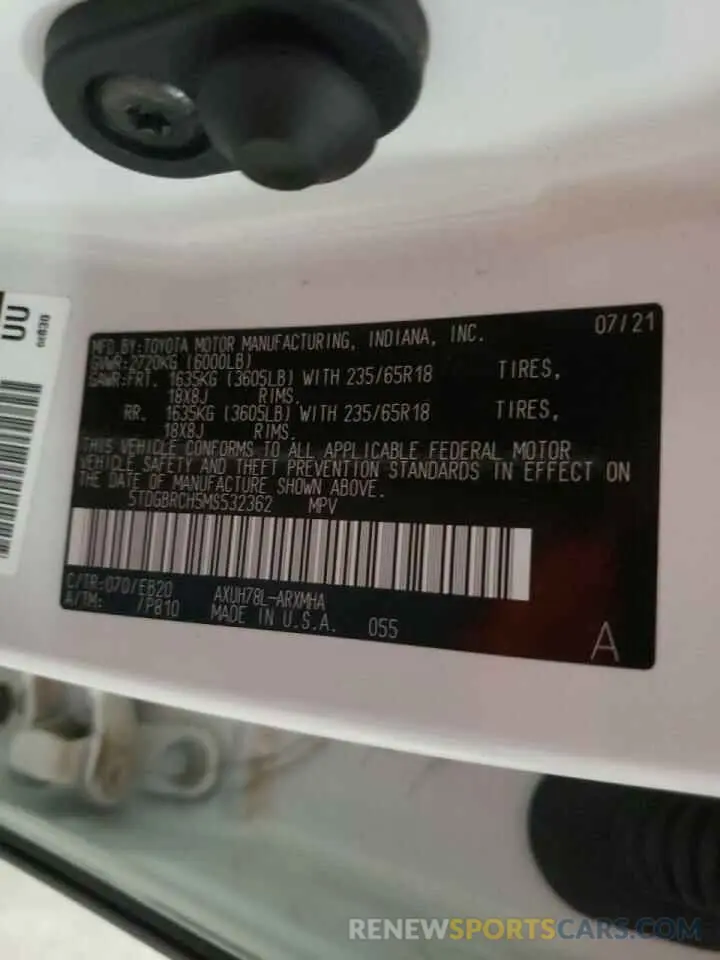 10 Фотография поврежденного автомобиля 5TDGBRCH5MS532362 TOYOTA HIGHLANDER 2021