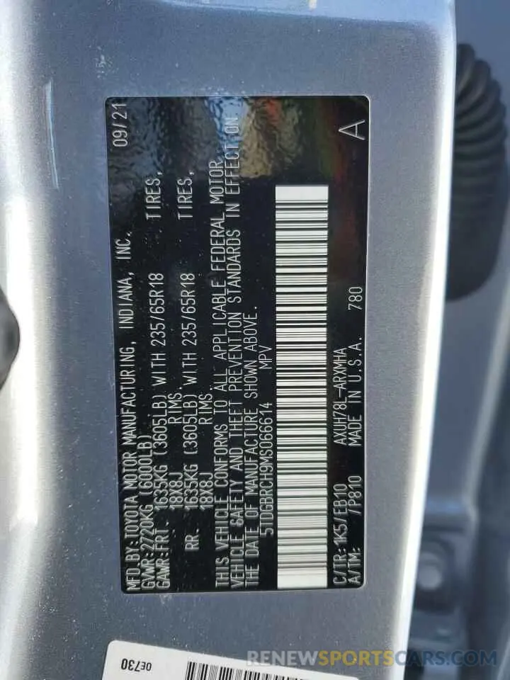 14 Фотография поврежденного автомобиля 5TDGBRCH9MS066614 TOYOTA HIGHLANDER 2021