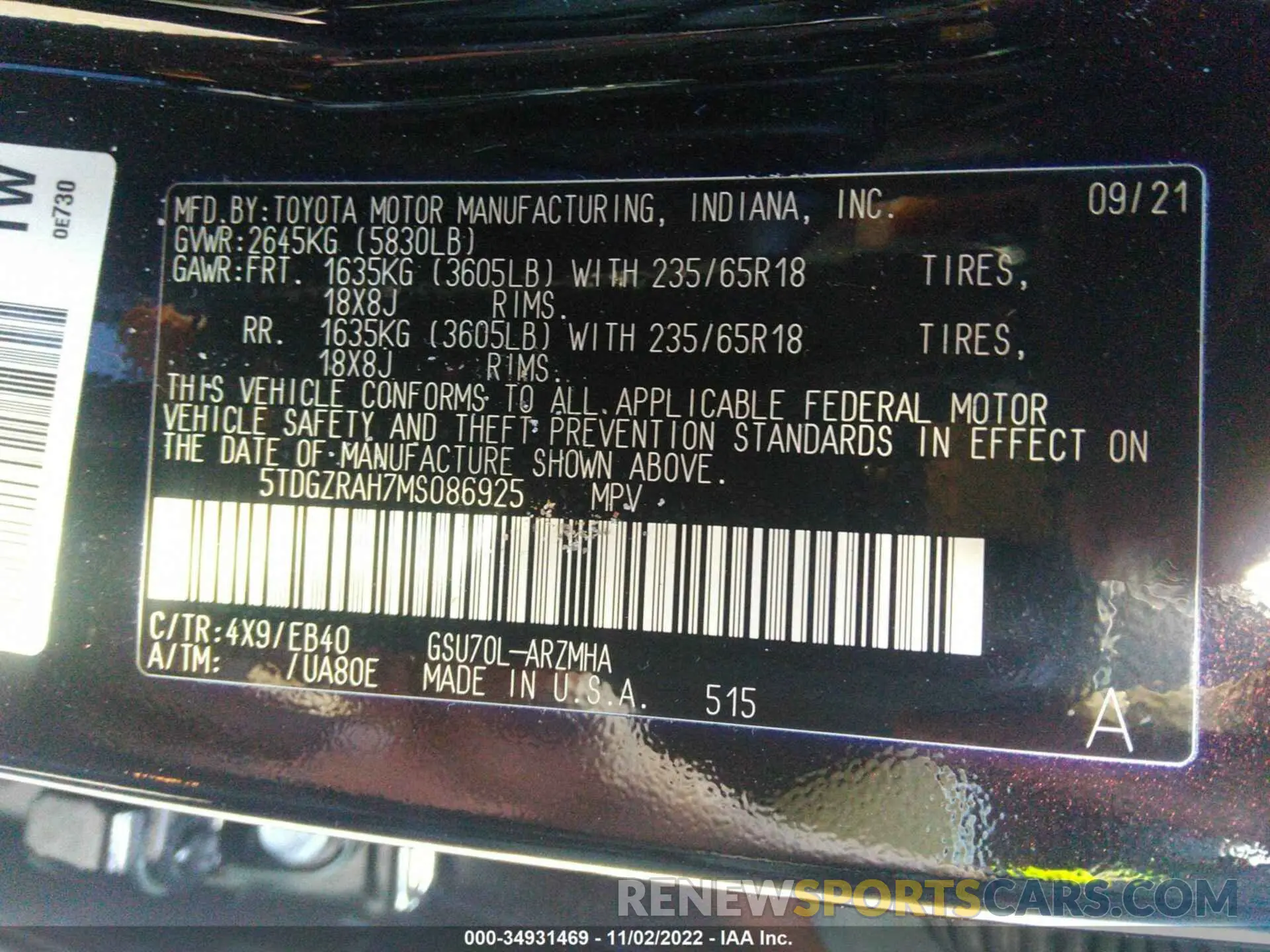9 Фотография поврежденного автомобиля 5TDGZRAH7MS086925 TOYOTA HIGHLANDER 2021