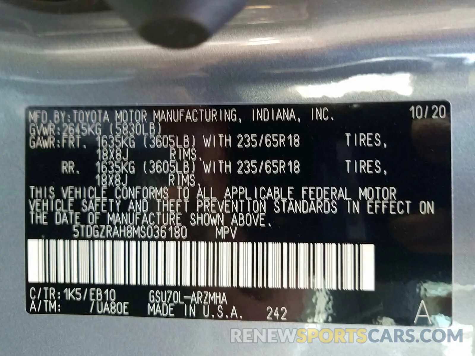 10 Photograph of a damaged car 5TDGZRAH8MS036180 TOYOTA HIGHLANDER 2021