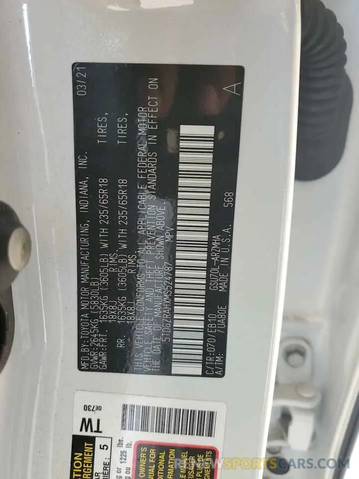 14 Фотография поврежденного автомобиля 5TDGZRAHXMS524787 TOYOTA HIGHLANDER 2021