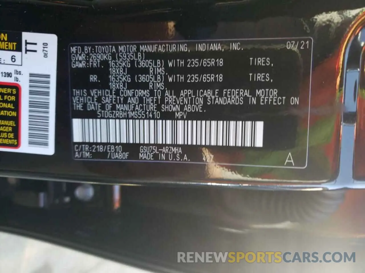10 Photograph of a damaged car 5TDGZRBH1MS551410 TOYOTA HIGHLANDER 2021