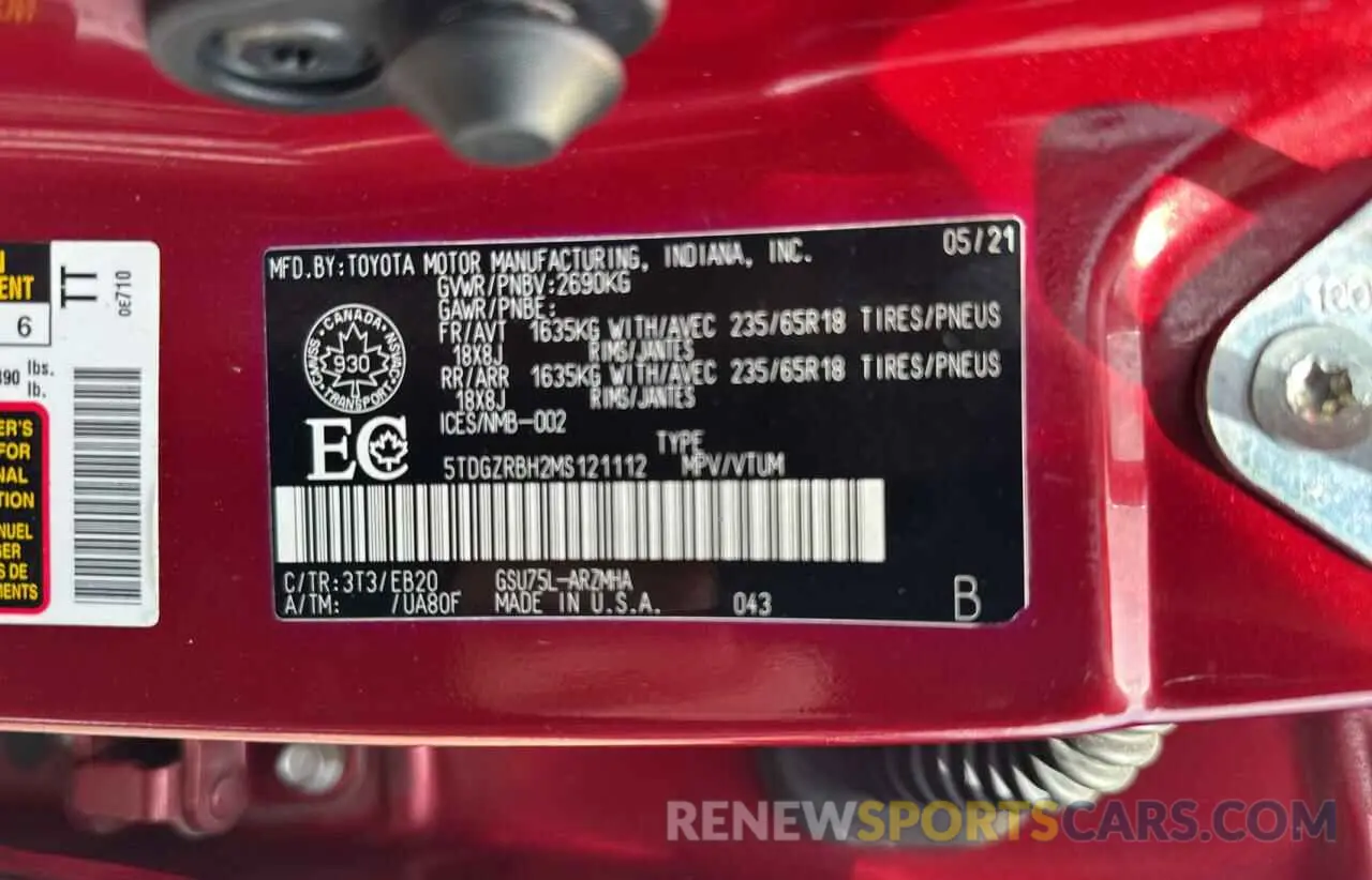 10 Фотография поврежденного автомобиля 5TDGZRBH2MS121112 TOYOTA HIGHLANDER 2021