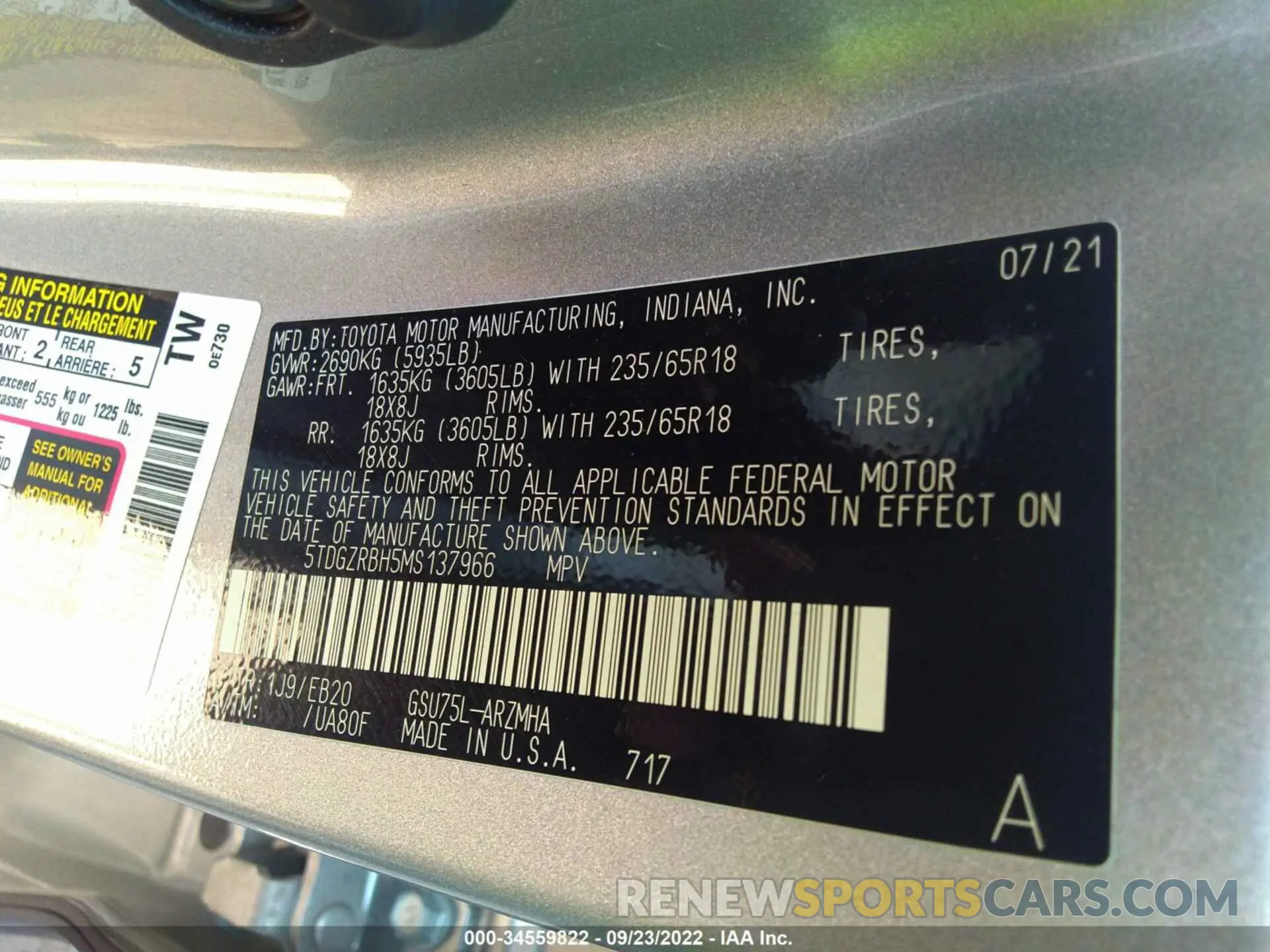 9 Фотография поврежденного автомобиля 5TDGZRBH5MS137966 TOYOTA HIGHLANDER 2021
