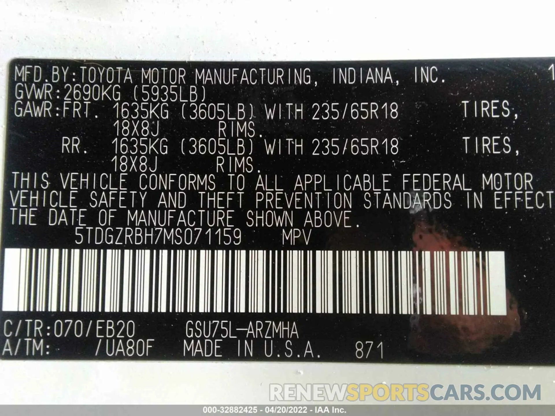 9 Photograph of a damaged car 5TDGZRBH7MS071159 TOYOTA HIGHLANDER 2021
