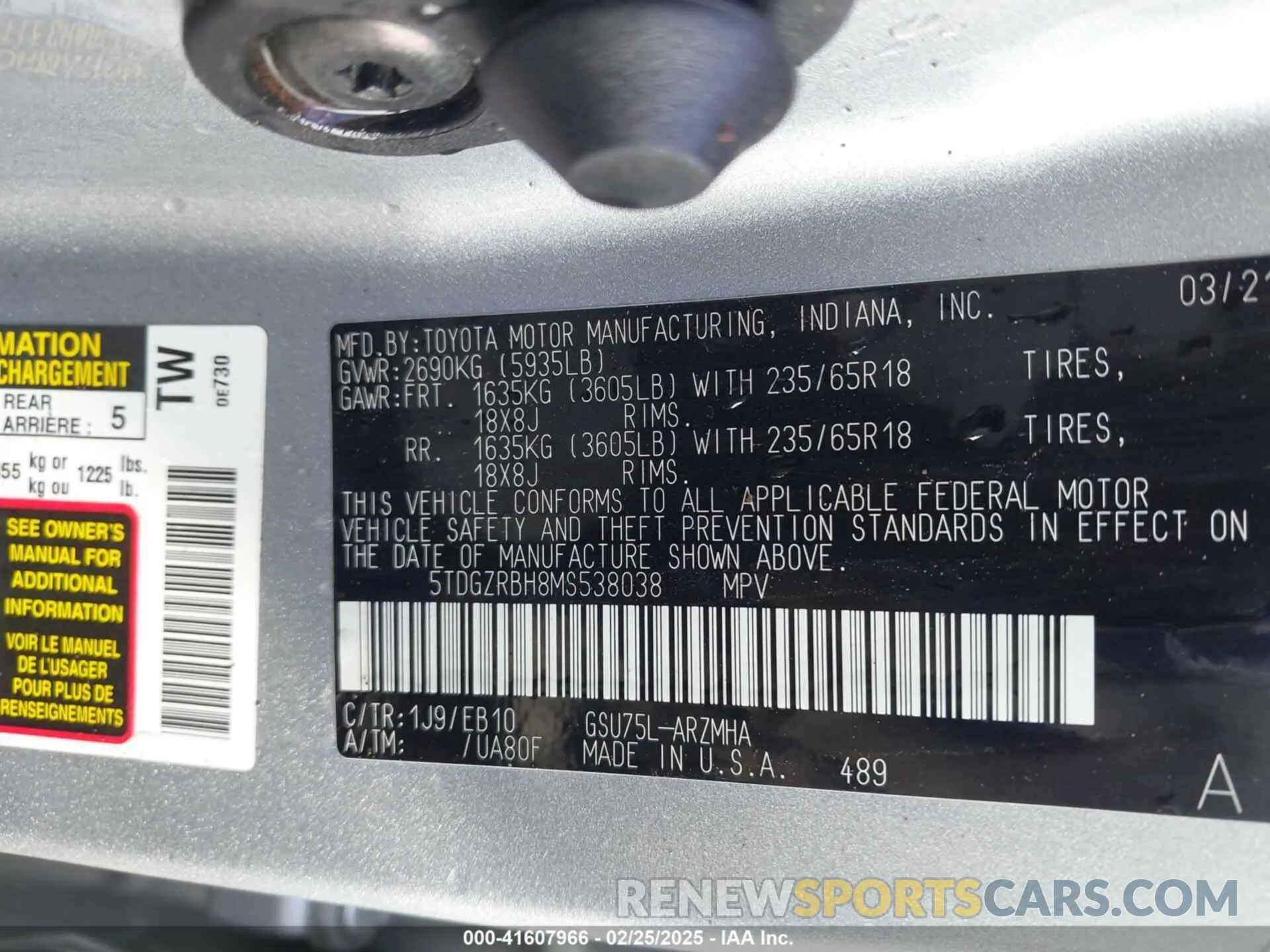9 Фотография поврежденного автомобиля 5TDGZRBH8MS538038 TOYOTA HIGHLANDER 2021