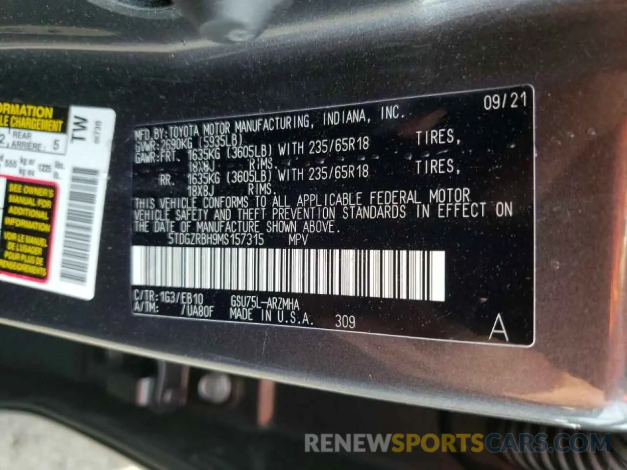 10 Фотография поврежденного автомобиля 5TDGZRBH9MS157315 TOYOTA HIGHLANDER 2021