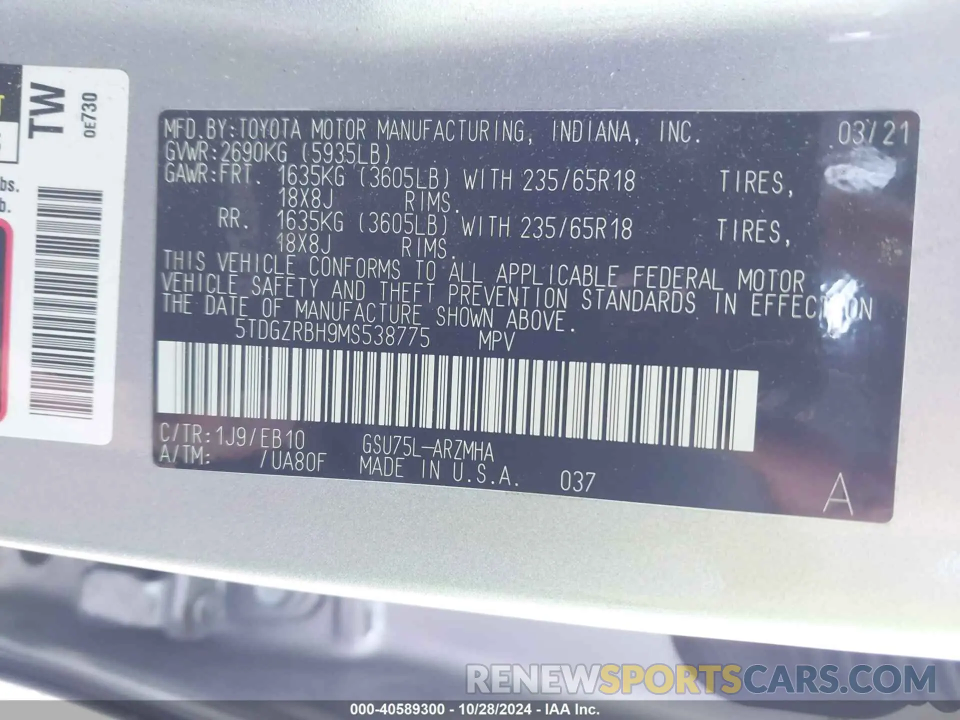 9 Фотография поврежденного автомобиля 5TDGZRBH9MS538775 TOYOTA HIGHLANDER 2021
