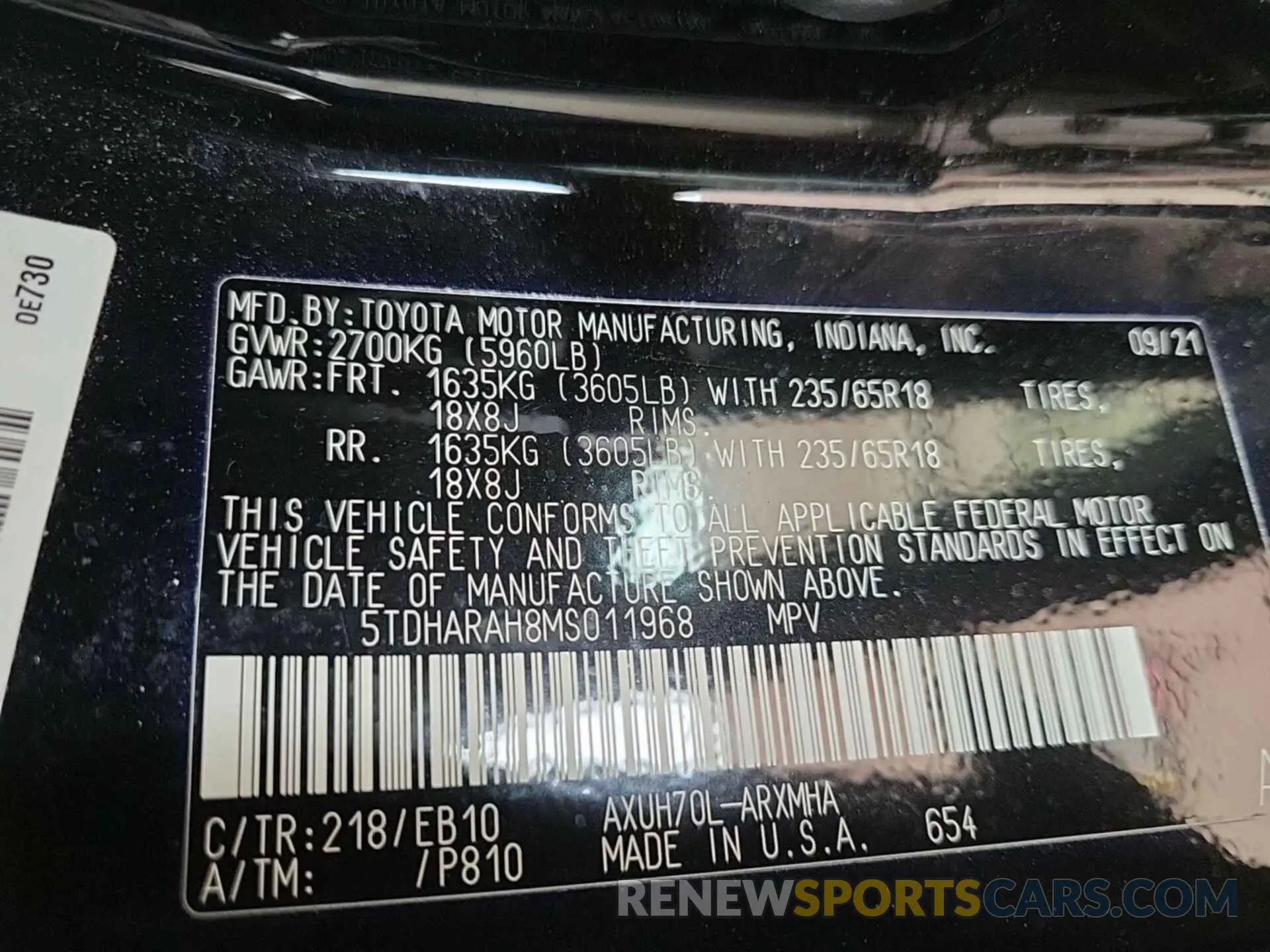 22 Photograph of a damaged car 5TDHARAH8MS011968 TOYOTA HIGHLANDER 2021