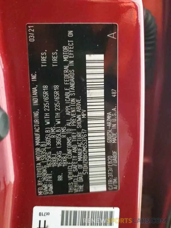 13 Фотография поврежденного автомобиля 5TDHZRBH2MS537617 TOYOTA HIGHLANDER 2021