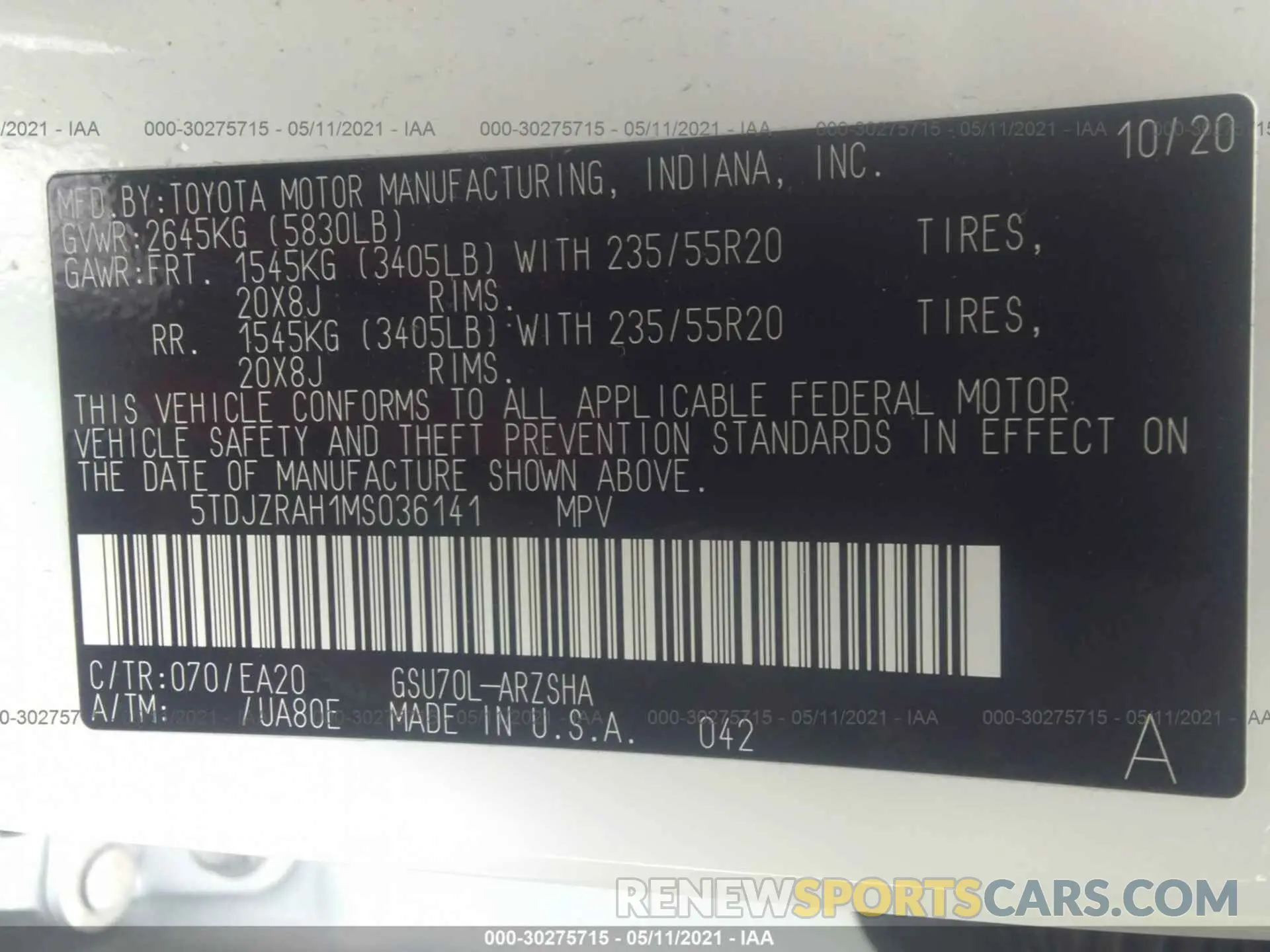 9 Фотография поврежденного автомобиля 5TDJZRAH1MS036141 TOYOTA HIGHLANDER 2021