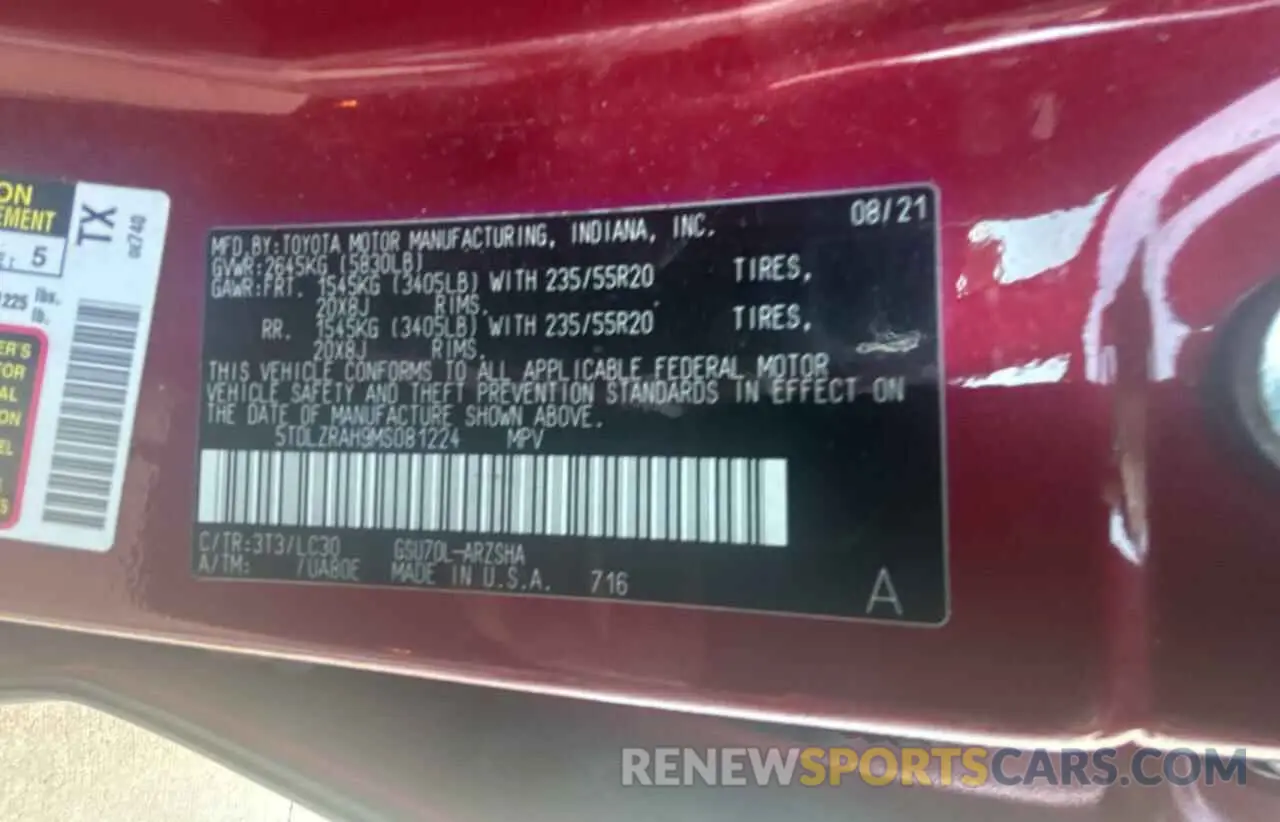 10 Photograph of a damaged car 5TDLZRAH9MS081224 TOYOTA HIGHLANDER 2021