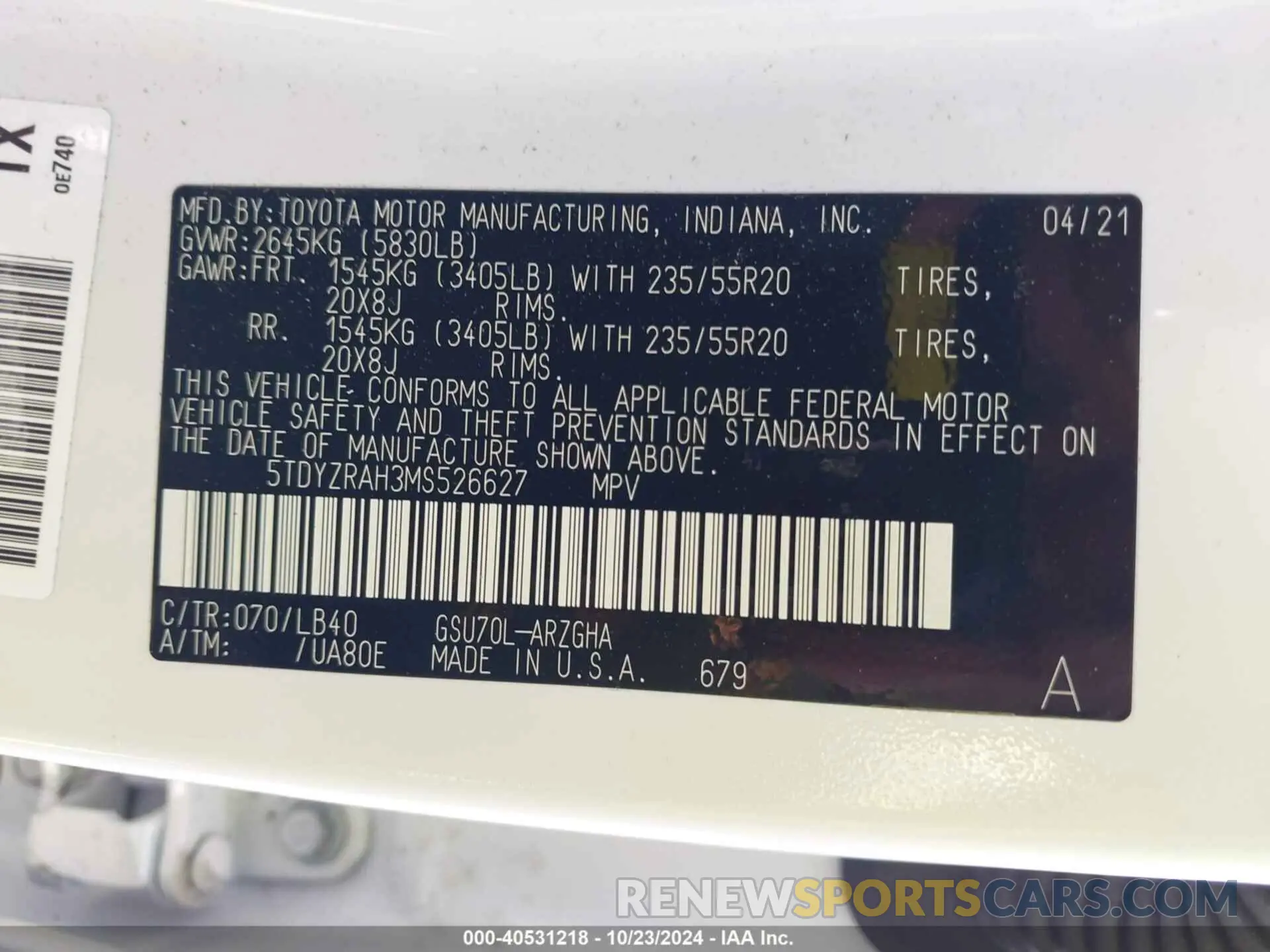 9 Photograph of a damaged car 5TDYZRAH3MS526627 TOYOTA HIGHLANDER 2021