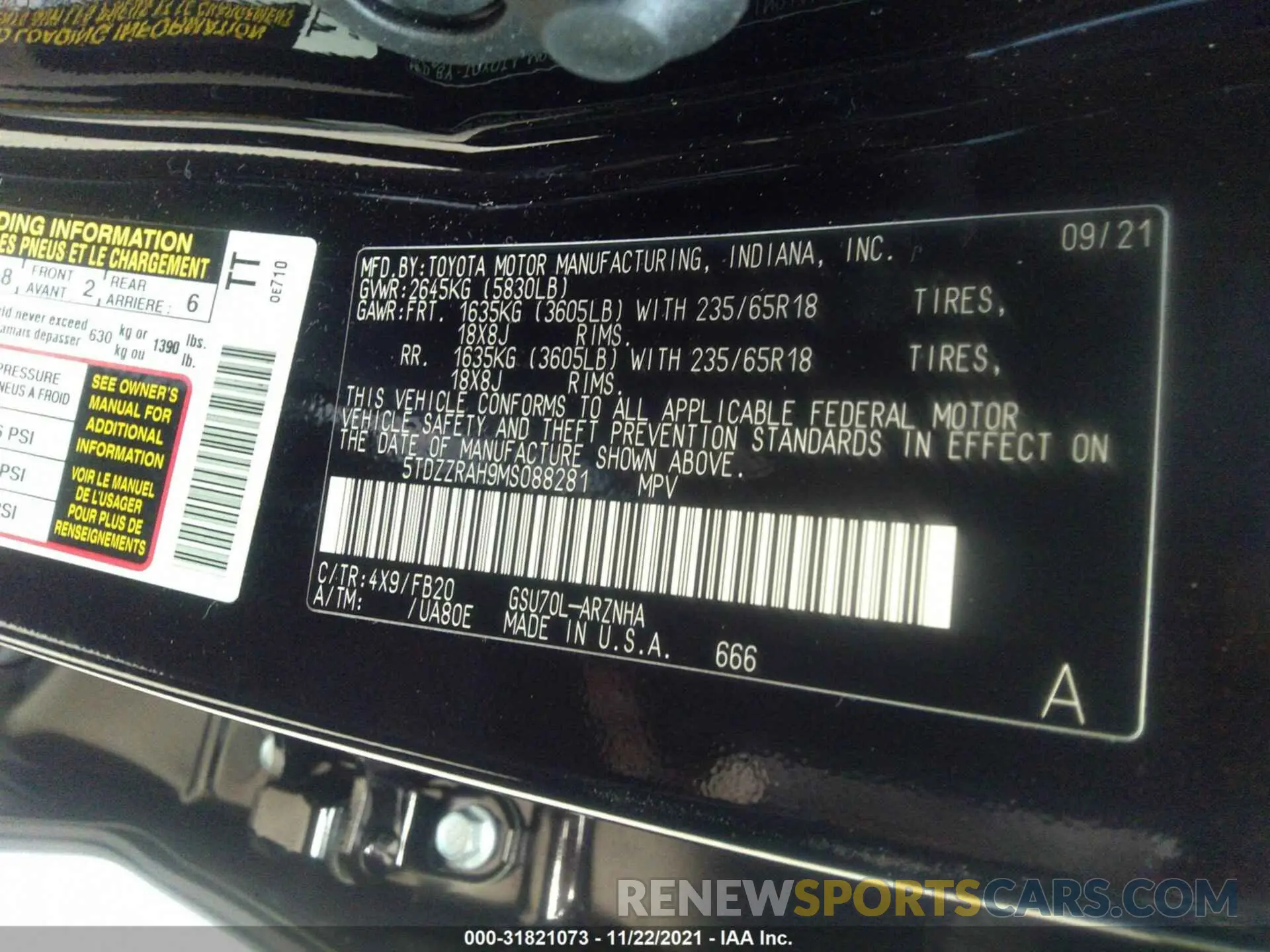 9 Фотография поврежденного автомобиля 5TDZZRAH9MS088281 TOYOTA HIGHLANDER 2021
