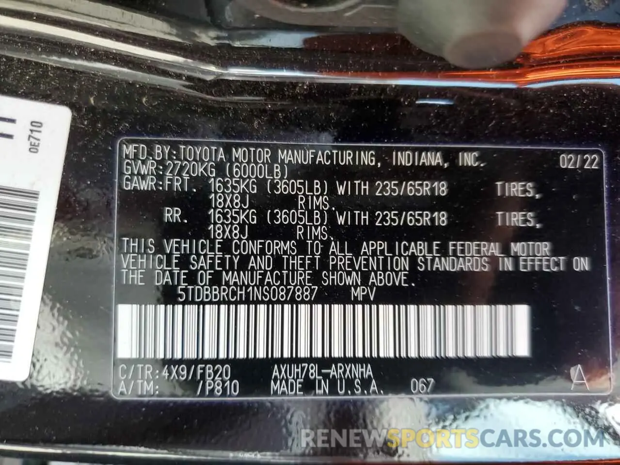 13 Photograph of a damaged car 5TDBBRCH1NS087887 TOYOTA HIGHLANDER 2022
