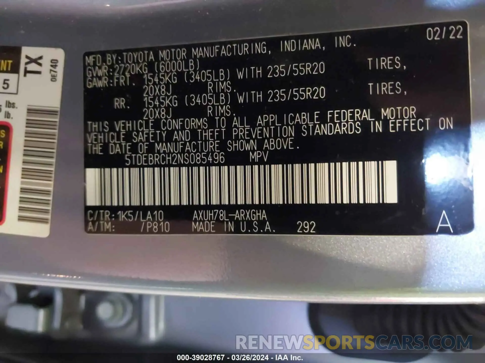 9 Фотография поврежденного автомобиля 5TDEBRCH2NS085496 TOYOTA HIGHLANDER 2022