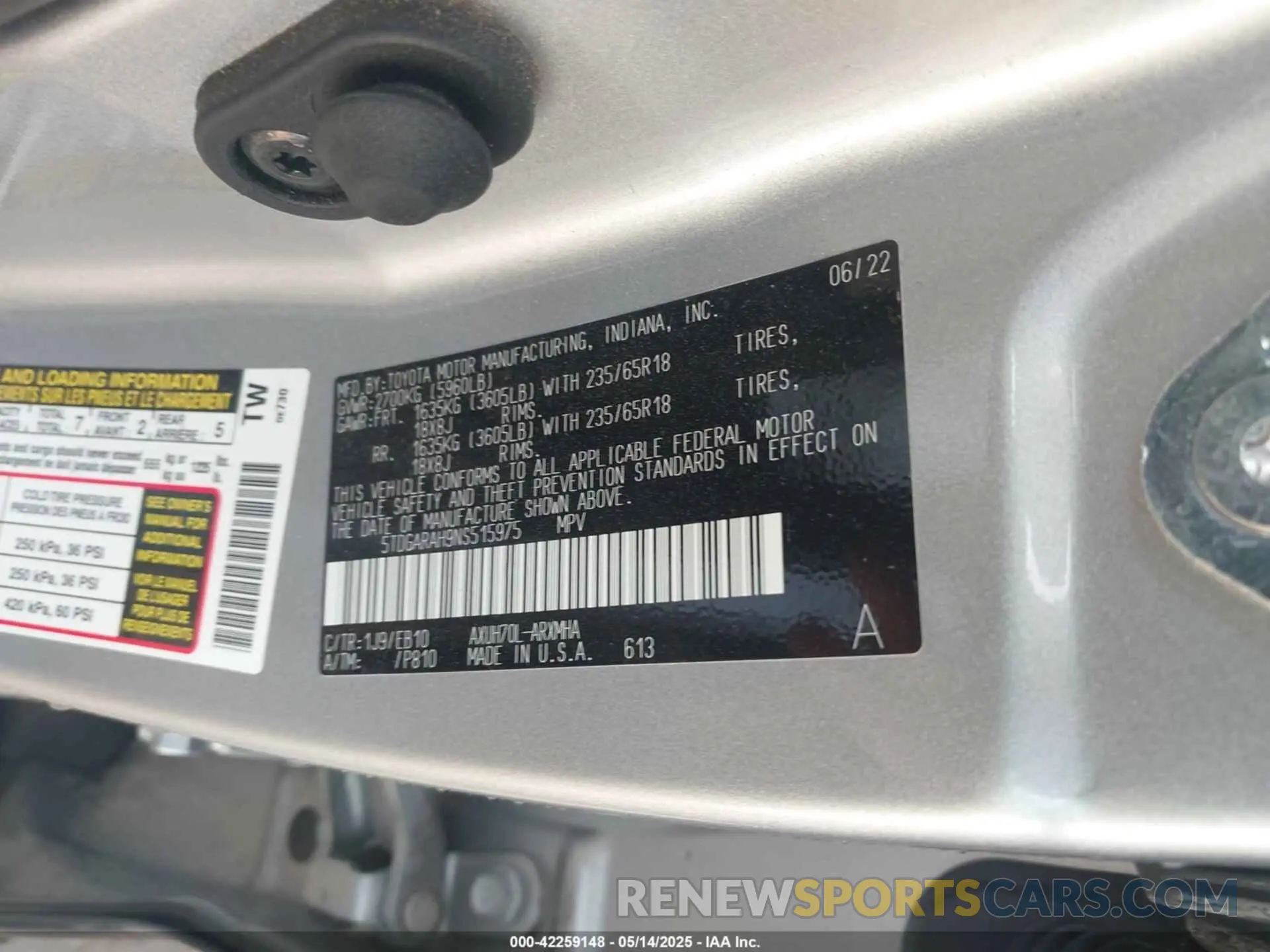 9 Фотография поврежденного автомобиля 5TDGARAH9NS515975 TOYOTA HIGHLANDER 2022