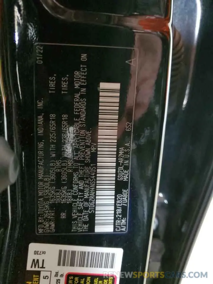14 Photograph of a damaged car 5TDGZRAH4NS544051 TOYOTA HIGHLANDER 2022