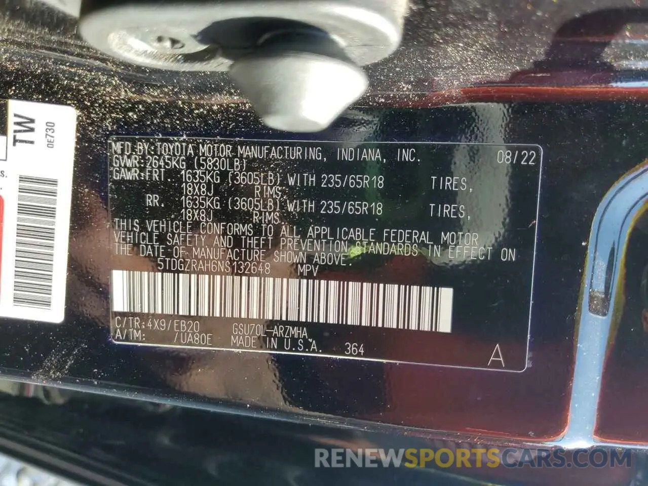 12 Photograph of a damaged car 5TDGZRAH6NS132648 TOYOTA HIGHLANDER 2022