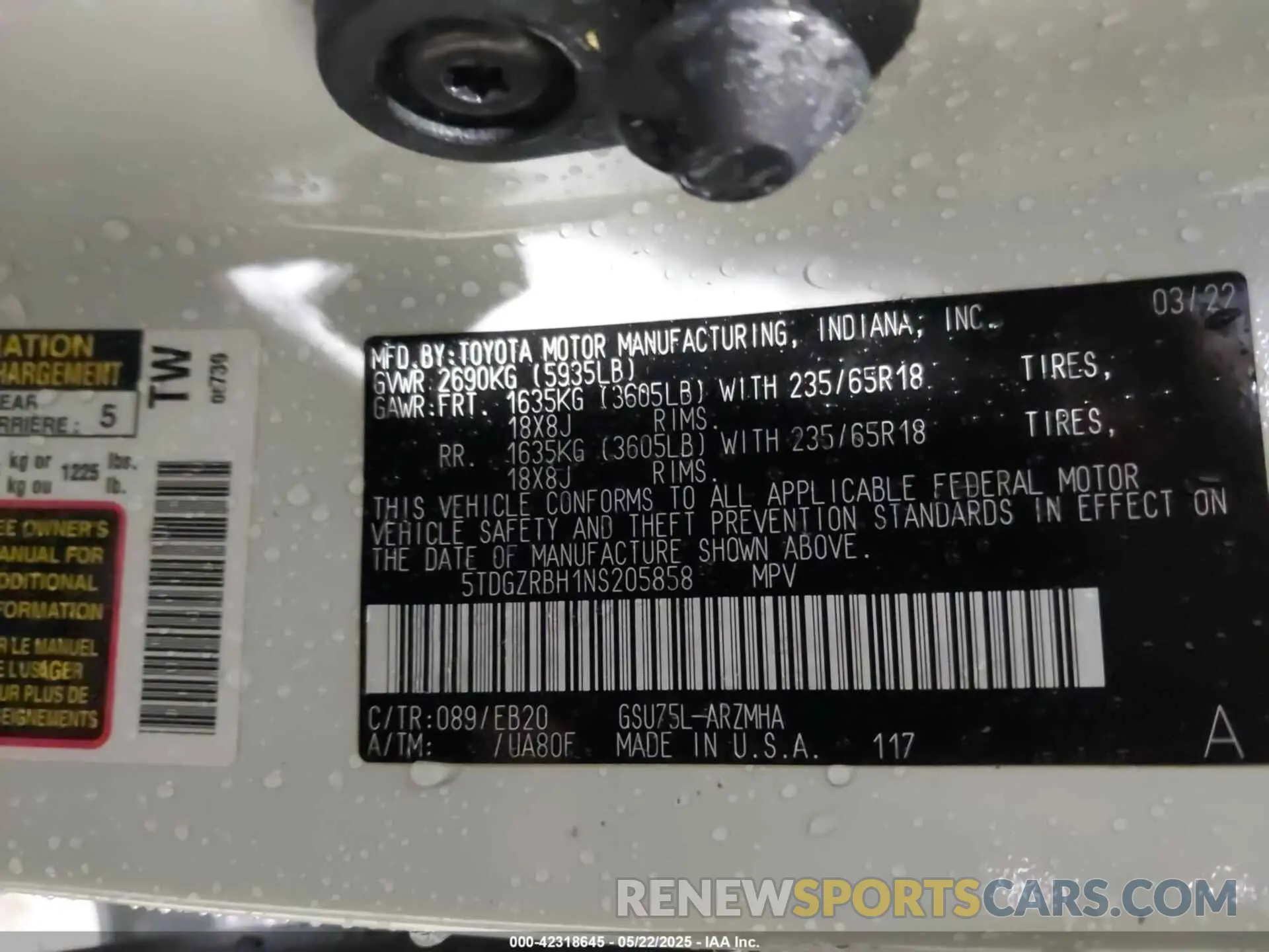 7 Фотография поврежденного автомобиля 5TDGZRBH1NS205858 TOYOTA HIGHLANDER 2022