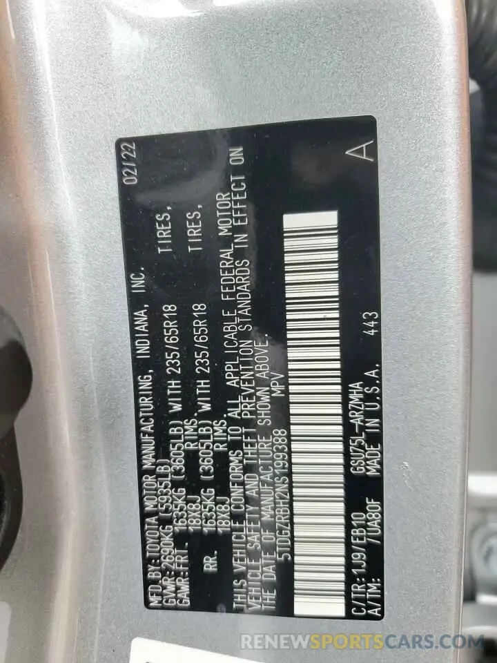 13 Фотография поврежденного автомобиля 5TDGZRBH2NS199388 TOYOTA HIGHLANDER 2022