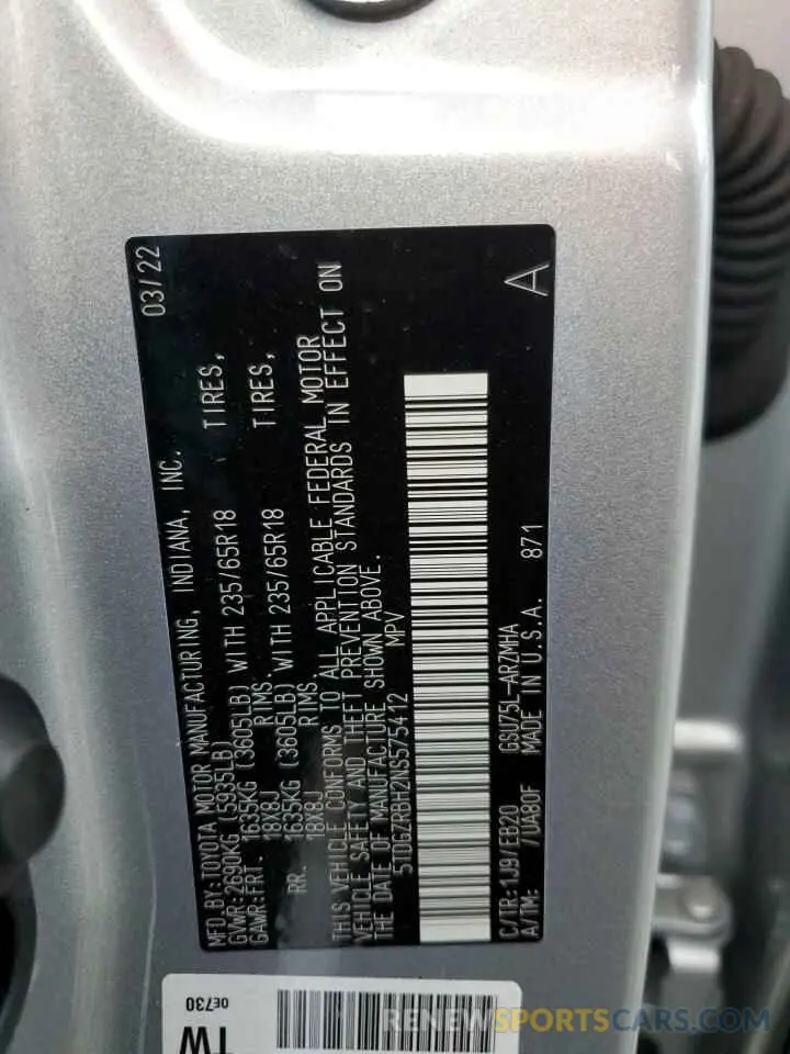 13 Фотография поврежденного автомобиля 5TDGZRBH2NS575412 TOYOTA HIGHLANDER 2022